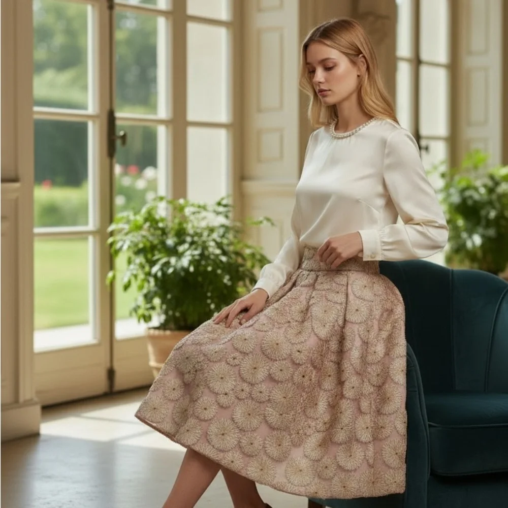Io Couture Embroidered Foliage Petticoat Skirt Blush Pink